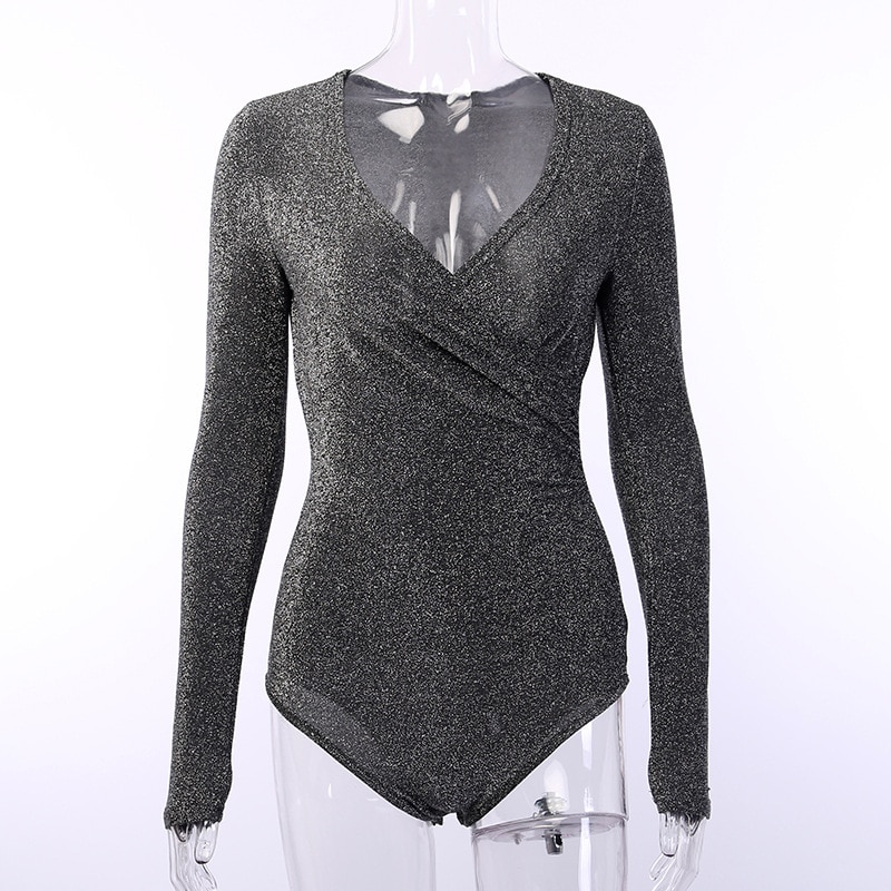 Sparkly Long Sleeve Bodysuit for Women Sexy