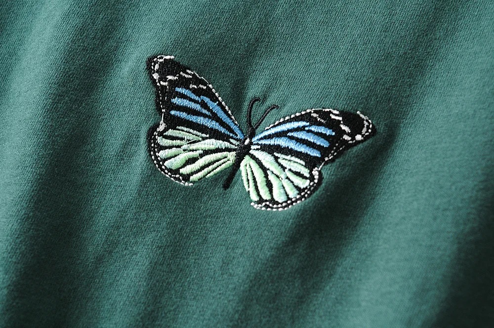 Vintage Butterfly Embroidered Women's Green T-Shirt